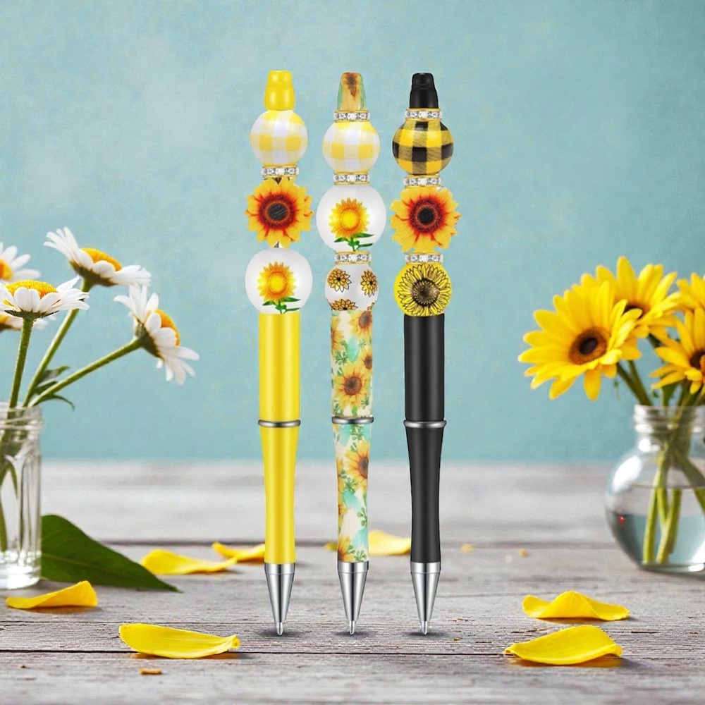 🆕 3 Sunflower Patterned Pen Set - Yellow, Black, and White - Picture 3 of 5